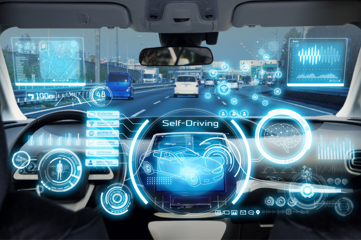 Inside of an autonomous car with technical features