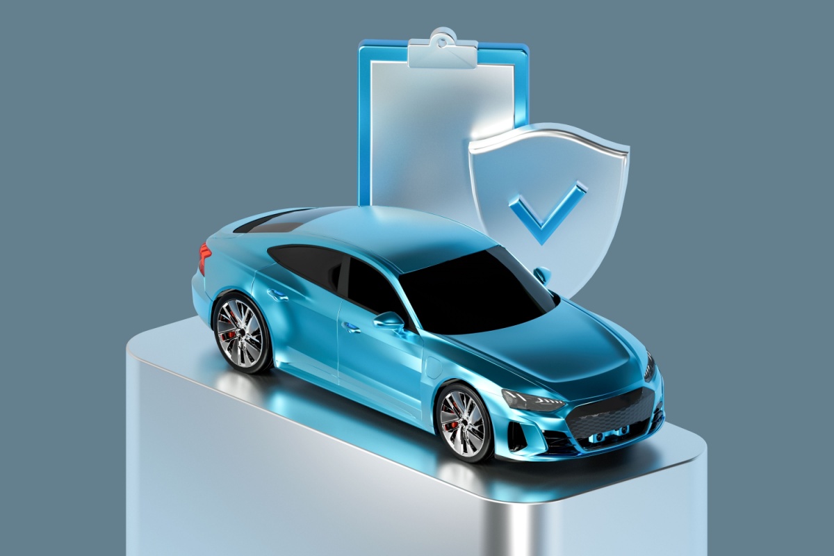 Car next to clipboard and shield graphic