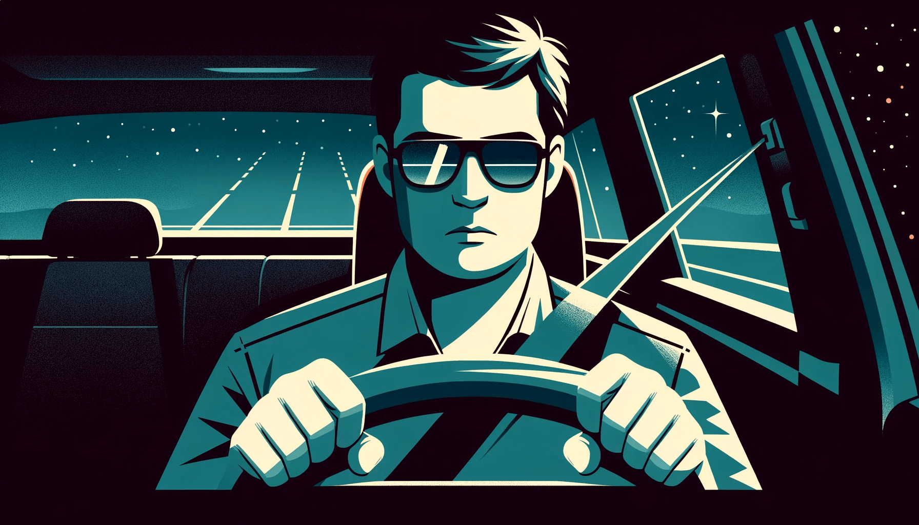 Graphic close-up on a driver wearing anti-reflective glasses to help with nighttime driving