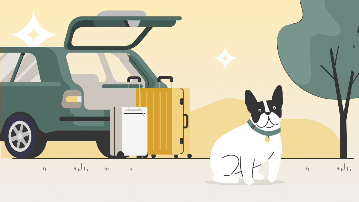 Graphic of a dog in front of a car with suitcases