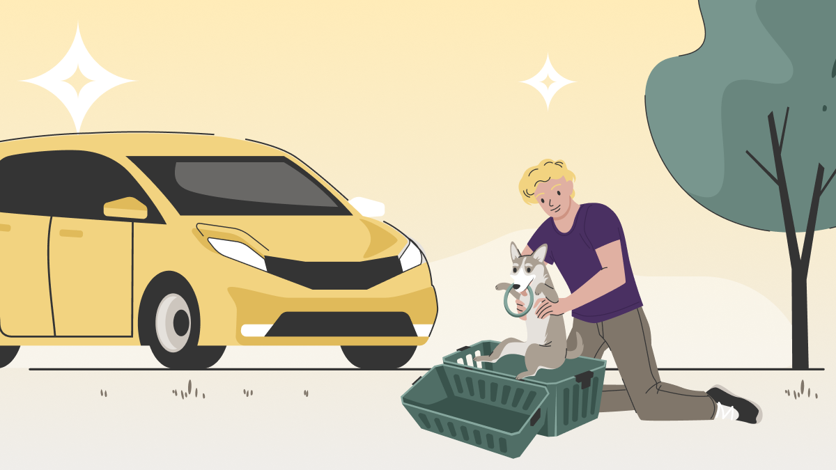 Graphic of a dog owner putting dog in a crate
